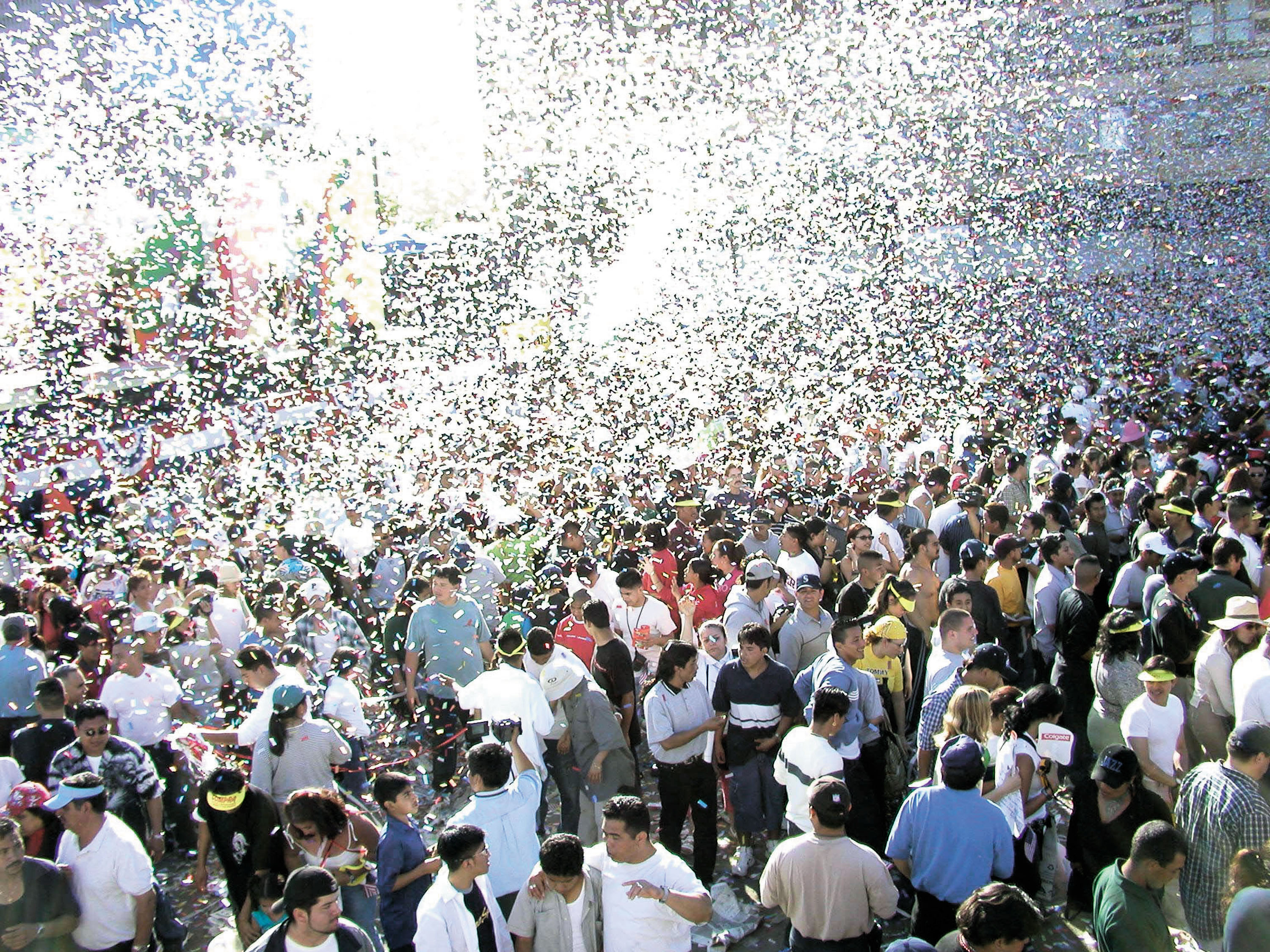 404619 07: Confetti is released on the crowd at the end of a concert during the 13th Annual McDonald's Fiesta Broadway, an early Cinco De Mayo celebration April 28, 2002 in downtown Los Angeles, CA. (Photo by Alexander Sibaja/Getty Images)