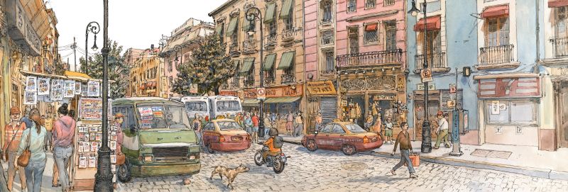 Louis Vuitton Travel Book Mexico, illustre par Nicolas de Crecy, 2017 : street near Allende Metro station, Centro Histo;rico.