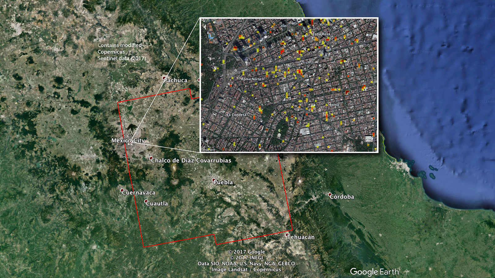 Un mapa de la NASA que muestra los daños del sismo