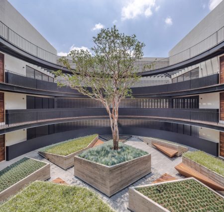 El edificio circular al sur de la ciudad que rodea a un guayabo japonés